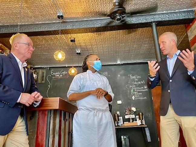 Poughkeepsie Mayor Rob Rolison, Essie’s Restaurant Owner and Chef Brandon Walker talk with Sean Patrick Maloney during the tour.