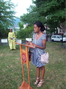 Shambreylle Robinson, a senior at Mount Saint Mary College, speaks at Wednesday’s Second Annual Frederick Douglass in Newburgh Day event, held at the City of Newburgh’s Tyrone Crabb Memorial Park.