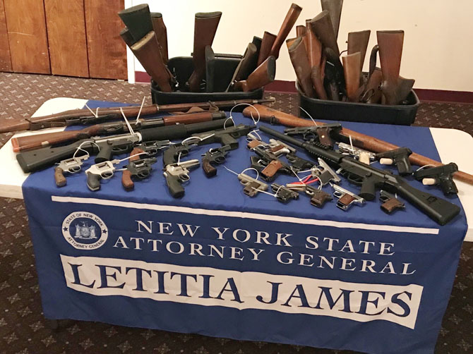 New York Attorney General Letitia James Friday announced that 57 firearms were turned in to law enforcement at a gun buyback event hosted by her office.