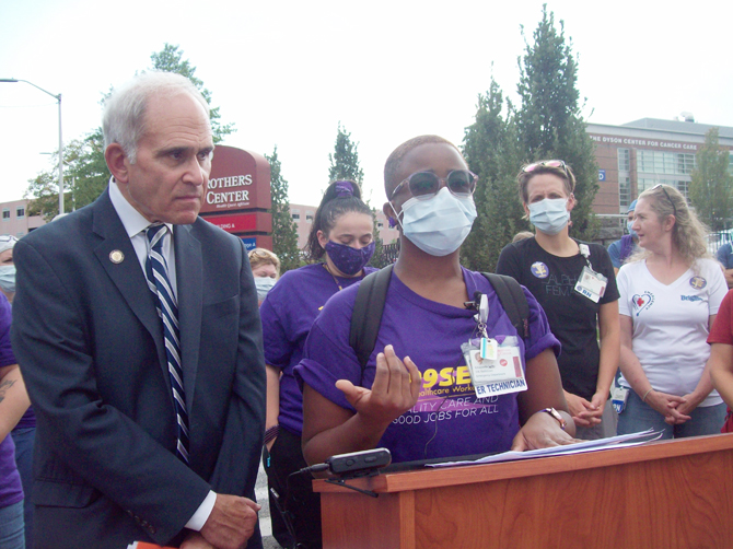 Wednesday, outside on the grounds of Vassar Brothers Hospital in Poughkeepsie, Assemblyman Jonathan Jacobson, joined members of two local nursing unions as well as other local elected officials to plea for NUVANCE owners filling the serious nursing staffing shortages that are having a profound impact on safety, efficiency and overall competency at the Hospital.