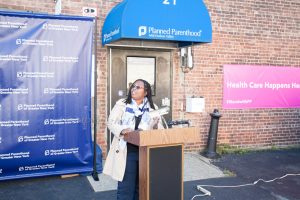 Merle McGee, Chief Equity and Engagement Officer, offers remarks as Planned Parenthood celebrates the reopening of its Kingston Health Center on September 24, 2021. HUDSON VALLEY PRESS/ Chuck Stewart, Jr.