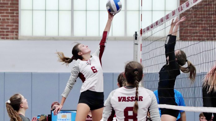 Vassar Senior captain and libero Sara Ehnstrom added 12 kills, laying down a block solo and a block assist with 11 digs.