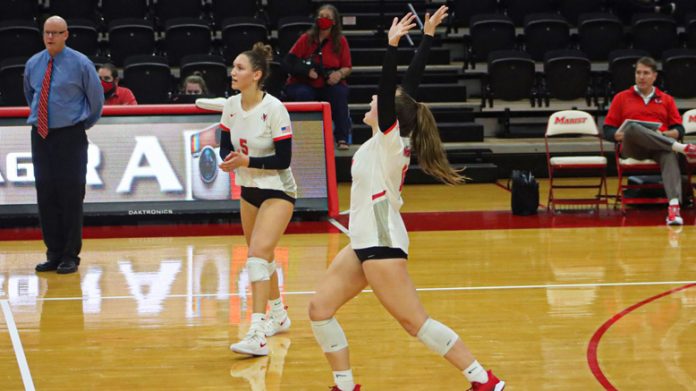 Sophomore outside hitter Jordan Newblatt’s single-match kills record lasted only 16 hours. That is because she set a new program benchmark with 34 kills in Marist’s four-set triumph over Niagara on Sunday afternoon at McCann Arena.