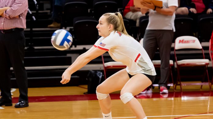 Marist volleyball secured its third consecutive victory with a 3-0 victory over MAAC rival Siena on Saturday. Pictured above Marist’s Jillian Hanna.