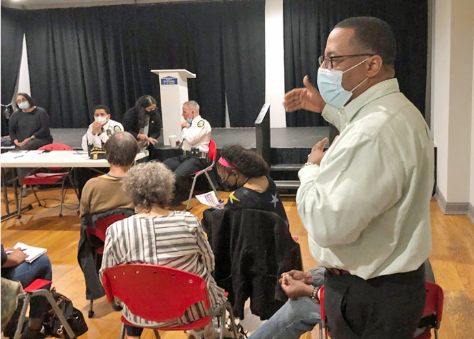 The City of Newburgh’s new police commissioner and police chief held the first open community policing forum since their swearing-in one month ago. Pictured above City of Newburgh Mayor Harvey speaks during the meeting.