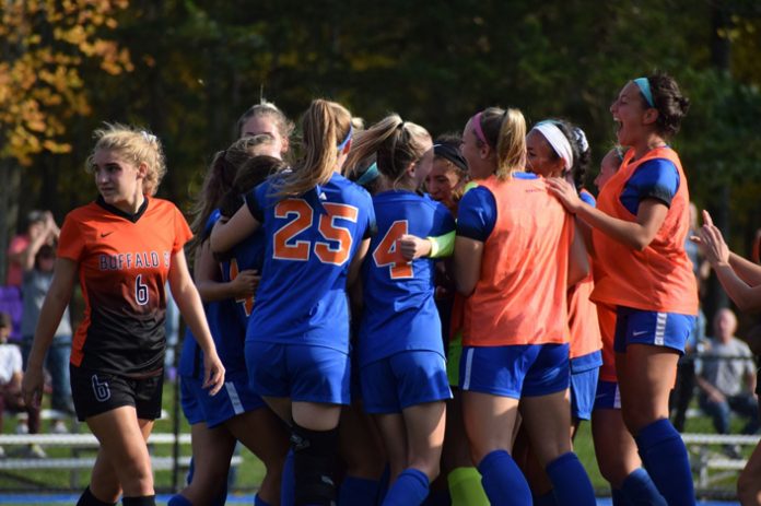 The State University of New York at New Paltz women’s soccer team battled to another near 110-minute game Saturday before Katie Buquicchio put an end to the match with a golden goal, double-overtime.