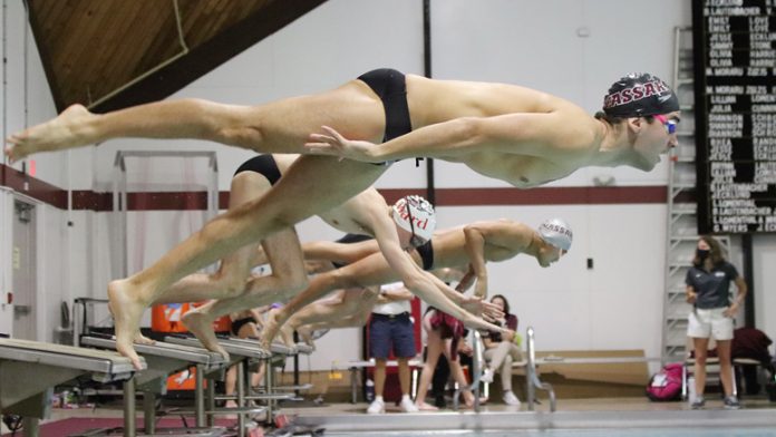 It was an outstanding start for the Vassar College men’s and women’s swimming & diving teams as they opened the 2021-22 season on Wednesday with victories over Bard College. Pictured above Vassar’s Max White.