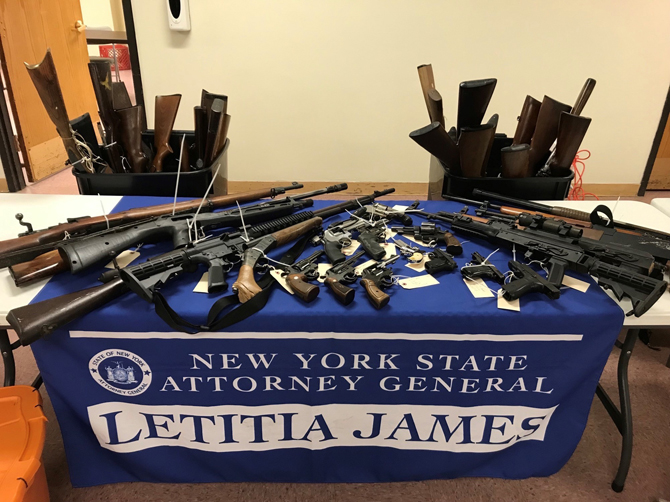 New York Attorney General Letitia James announced that 56 firearms were turned in to law enforcement at a gun buyback event hosted by her office and the Poughkeepsie Police Department.