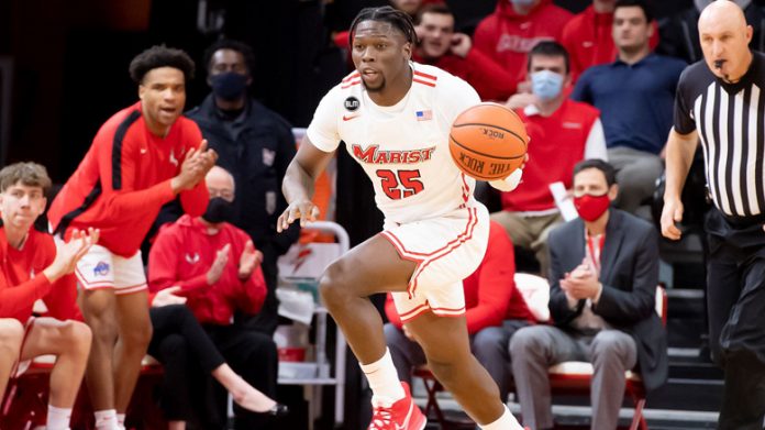 The Marist men’s basketball team earned a victory at Binghamton in a non-conference game on Wednesday night. Pictured above, Marist Samkelo Cele.
