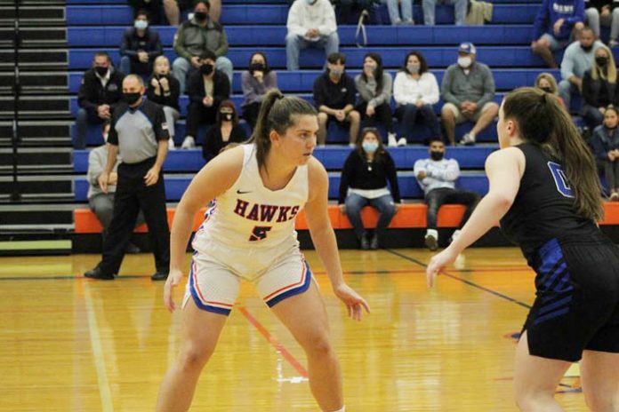 Hawks Junior Guard Maddie Gillis (5) had 13 points in the 66-56 road win against Union College Saturday night in Schenectady.