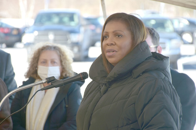 NYS Attorney General Letitia James gave her support to Sullivan County’s efforts to aggressively respond to the opioid epidemic. Listening in the background is District 2 Legislator Nadia Rajsz, chair of the Sullivan County Legislature’s Health & Family Services Committee.