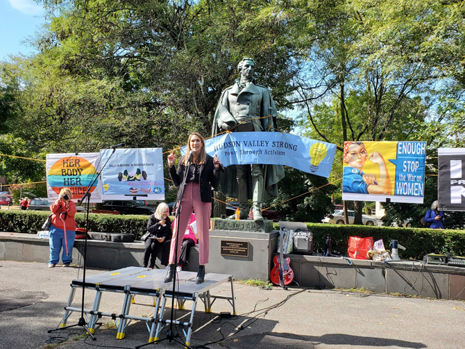 Senator Michelle Hinchey delivers speech at Hudson Valley Strong - Indivisible’s Rally for Abortion Justice on October 2, 2021, in Kingston.