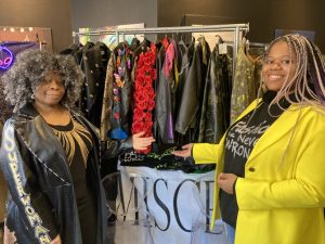 Bonjonia Belser and Chelanti Frazier of Miscellania Fashions, who specialize in plus-sized fashions, show off some of their jackets at the Fashion Show and Pop Up Shop for Harlem Fashion Week.