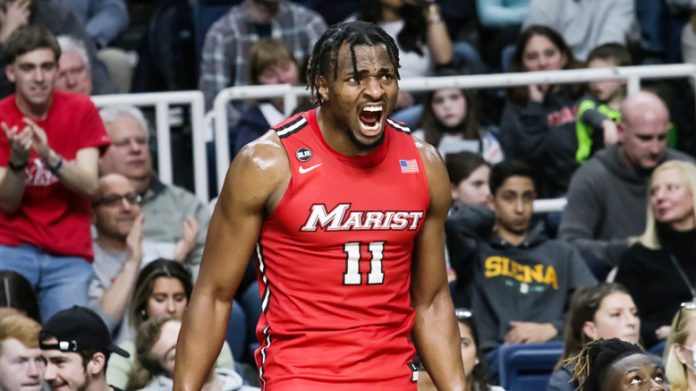 The Marist men’s basketball team earned a 62-53 win at Siena on Friday night in a Metro Atlantic Athletic Conference game at MVP Arena. Pictured Above, Marist Red Foxes Victor Enoh. Photo: Harrison Baker