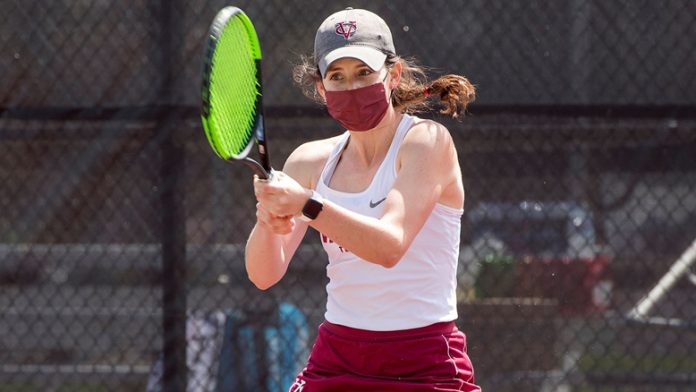 In doubles action, rookie Macey Dowd and junior Tatum Blalock (pictured) powered their way to an 8-0 win against junior Sanne Bloemendaal and senior Kate Gangi. Photo: Carlisle Stockton