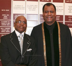 William Richardson and Mt. Carmel Pastor Elder Thermond E. Herring prior to the service on Sunday, January 9, 2011 for the Initial Sermon of Deacon William Richardson at Mt. Carmel Church of Christ Disciples of Christ in Newburgh, NY. Hudson Valley Press File/CHUCK STEWART, JR.