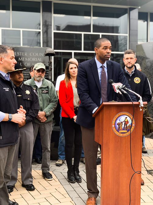 Congressman Antonio Delgado joined State Senator Michelle Hinchey (left) and Ulster County Executive Pat Ryan (right) in front of the Ulster County Office Building to protest against the proposed closing of Dutchess County VA Medical Center last Saturday. Backed by local veterans and Sheriff Juan Figueroa, the rally called for early action responding to the report released on Monday, March 14th.