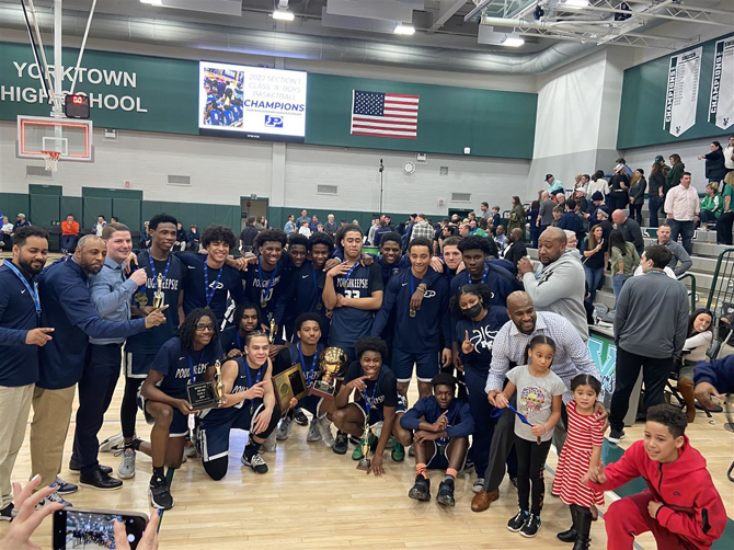 The Poughkeepsie Pioneers boys varsity basketball team beat Our Lady of Lourdes to win the Section 1 Class A title.