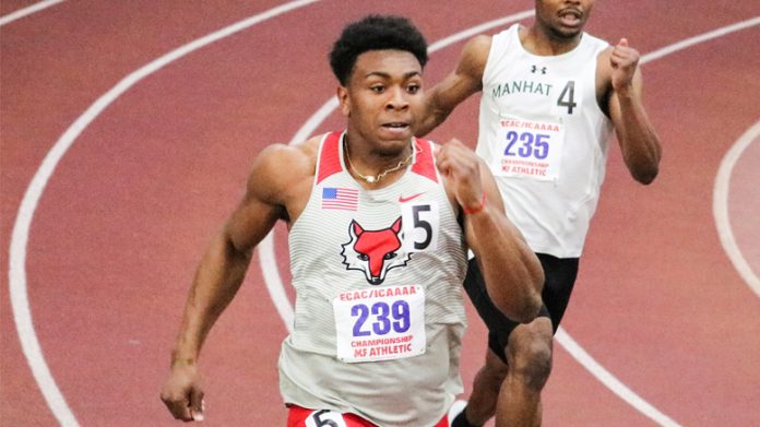 Junior Glenmour Leonard-Osbourne sped to first place in the 60-meter dash on Sunday morning, with a winning time of 6.75 seconds. Photo: Dawn Collins