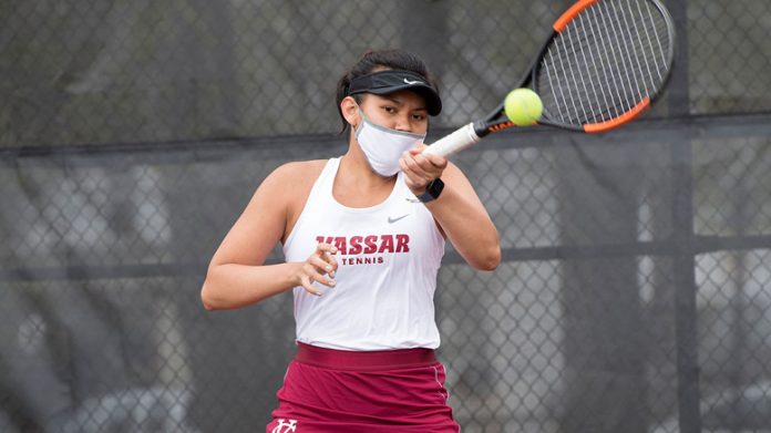 Vassar Sophomore Sofie Shen, pictured, and senior captain Melina Stavropoulos gutted out an 8-7 (9-7) win against Olivia Desso and Aliya Allyn. Photo: Carlisle Stockton
