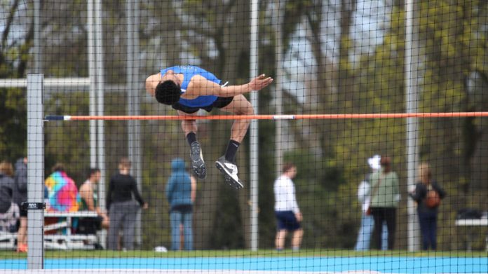 Dabein Walker edged the previous High Jump record of 1.88 meters with a mark of 1.90 meters, adding a new school record in the Triple Jump with a leap of 13.40 meters. Walker finished off a big day with a heave of 38.11 meters in the Javelin. Photo credit: USMMA