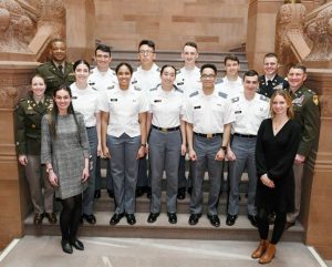 West Point Cadets pose on the Million Dollar Staircase with Senator Skoufis Deputy Chief of Staff Gabriella Madden (front left) and Chief of Staff Christie Foster (front right).