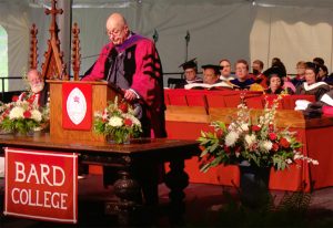 Bard College President Leon Botstein, right, joined by Honorary Trustee and Bishop of the Episcopal Diocese of New York, Andrew M.L. Dietsche, left, during last Saturday’s Commencement ceremony at Bard College.