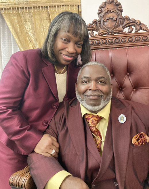 Bishop Christopher J. Hodge and 1st Lady Karen Hodge pose for a photo at his 21st Pastoral Anniversary Celebration.