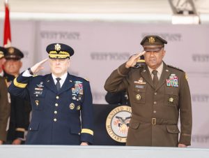 Joint Chiefs of Staff, General Mark Milley and LTG Williams salute during the commencement exercises on Saturday, May 21, 2022.