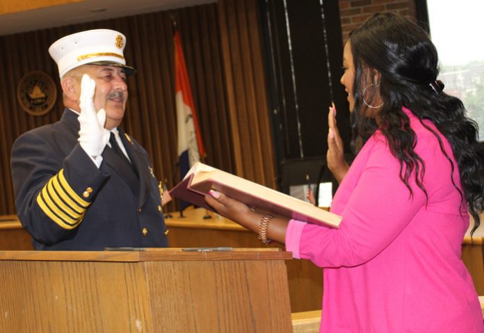 New City of Poughkeepsie Fire Chief Joseph Franco is sworn in by City Chamberlain Jasmin Davis Monday morning in the Common Council Chambers.