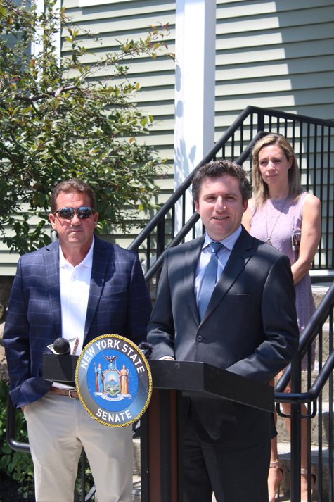 Senator Skoufis, at podium, secured a $300,000 grant to renovate the formerly dilapidated building (renovations began last summer). At left is Supervisor Thomas J. Burke, and at right is Councilmember Kathryn Luciani.