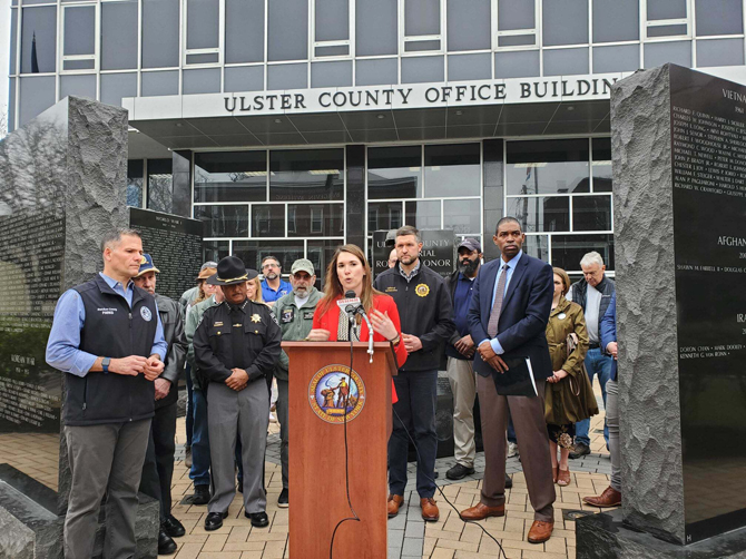 State Senator Michelle Hinchey spoke at a Kingston rally in March, calling for early action against a VA report released on Monday, March 14th that recommended the closing of the Wappingers Falls facility. Backed by Sheriff Juan Figueroa, left, Ulster County Executive Pat Ryan, middle, Congressman Antonio Delgado, right, and local veterans. “The proposal to close Castle Point is an absolute insult to our veterans,” she said.