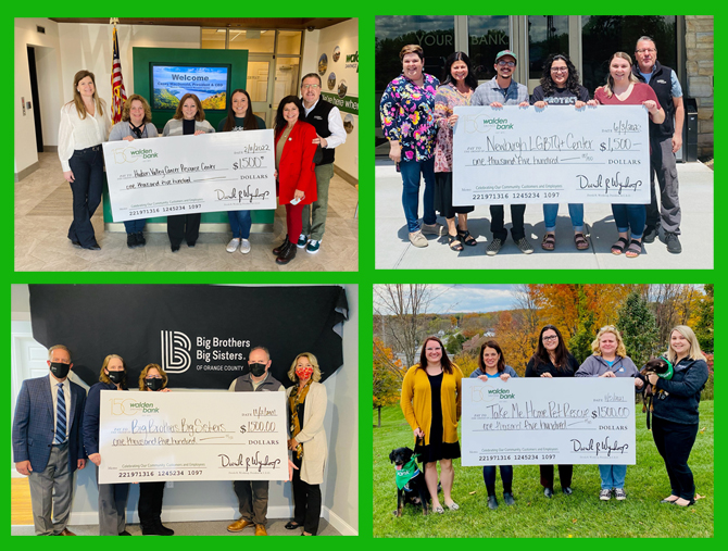 Walden Savings Bank, in honor of its 150th anniversary, has donated $1,500 each to four community organizations. Pictured clockwise from top left: Hudson Valley Cancer Resource Center; Newburgh LGBTQ+ Center; Take Me Home Pet Rescue; and Big Sisters of Orange County.