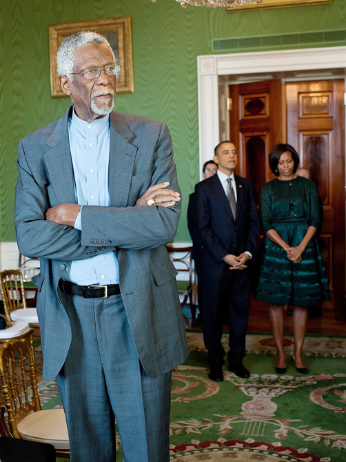 President Barack Obama and First Lady Michelle Obama wait in the Green Room of the White House with Bill Russell and other recipients of the 2010 Presidential Medal of Freedom before the award ceremony in the East Room, Feb. 15, 2011. (Official White House Photo by Pete Souza)