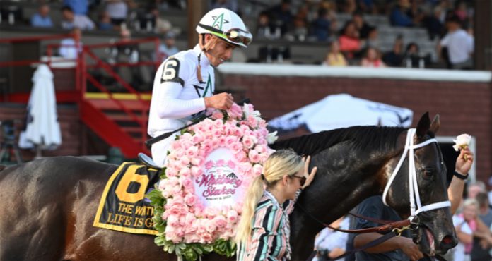 When CHC Inc. and WinStar Farm’s Life Is Good crossed the finish line two lengths the best in Saturday’s 95th running of the Grade 1, $1 million Whitney at Saratoga Race Course, it marked the fourth time Hall of Fame conditioner Todd Pletcher was awarded the trophy for the historic nine-furlong event for older horses. Photo: NYRA