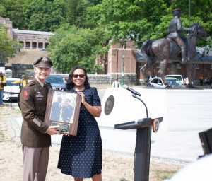 Dr. Aundrea Matthews, BSAWP President, presented U.S. Military Academy Superintendent Lt. Gen. Steve Gilland a token of appreciation for his support durinig the 61st annual wreath-laying ceremony at Buffalo Soldier Field on Sunday, September 4, 2022. Hudson Valley Press/CHUCK STEWART, JR.