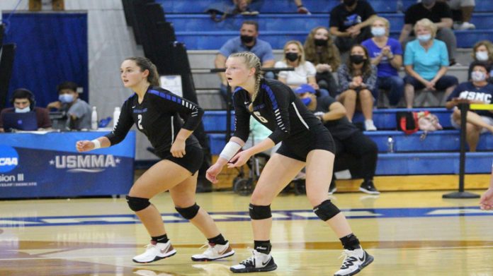 Grace Riddle (#6) totaled 40 kills over two matches on Saturday as the Mount Saint Mary College Women’s Volleyball team pushed its winning streak to four matches. Photo: USMMA