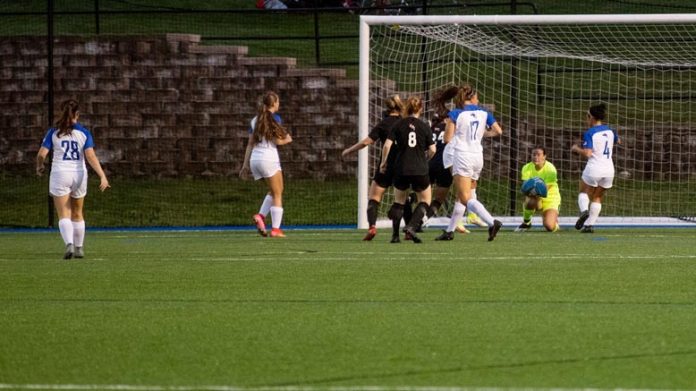 Caroline Brucato finished with 10 saves in goal for the Mt. Saint Mary Women’ Soccer team. Photo: Lee Ferris