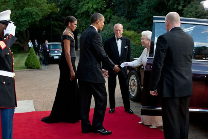 President Barack Obama and First Lady Michelle Obama receive Queen Elizabeth II and Prince Philip, Duke of Edinburgh, prior to a dinner in the Queen's honor at Winfield House in London, England, May 25, 2011. Photo: Pete Souza) This official White House photograph is being made available only for publication by news organizations and/or for personal use printing by the subject(s) of the photograph. The photograph may not be manipulated in any way and may not be used in commercial or political materials, advertisements, emails, products, promotions that in any way suggests approval or endorsement of the President, the First Family, or the White House.