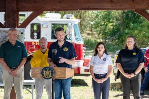 Ulster County Executive Pat Ryan offers remarks last Thursday, as New York State Governor Kathy Hochul provided an update on the coordinated effort to contain the Napanoch Point wildland fire burning in Minnewaska State Park Preserve. Photo: Darren McGee
