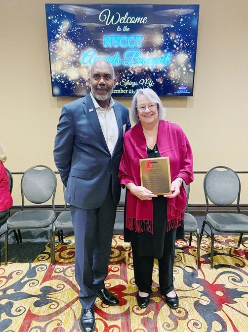 Former SUNY Orange Trustee Helen G. Ullrich, right, received the Alice Holloway Young Award for Distinguished Trustee Service during the New York Community College Trustees’ annual awards banquet held Friday evening, Sept. 23, in Saratoga Springs. Ullrich was joined by current SUNY Orange Trustee Fred Watson.