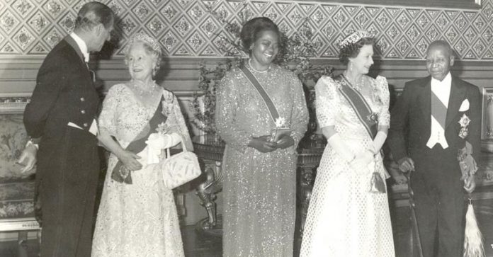 Prince Phillip, Queen Mother, Cecilia Kadzamila, Queen Elizabeth, and Dr. Hastings Kamuzu Banda, prime minister and later president of Malawi.