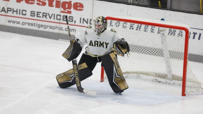 Army West Point hockey collected its first conference victory with a shutout over Bentley on Friday night at Tate Rink.