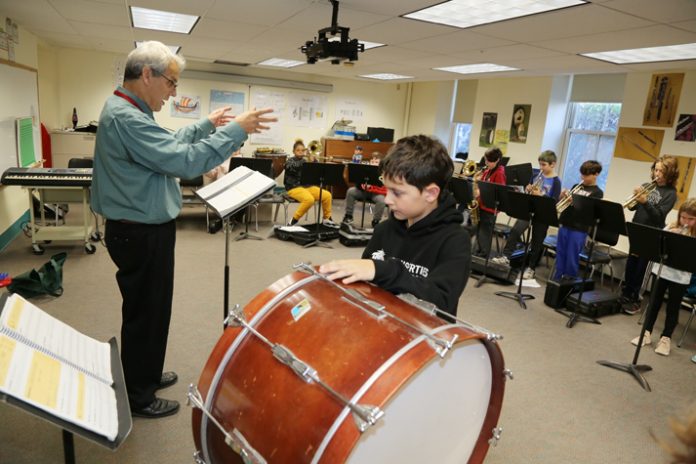 Saugerties Band Teacher Bernhard Spirig directs band members in Grade 5 at Cahill Elementary School. Photo: Kristine Conte