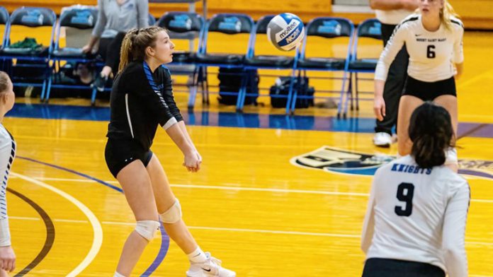 The Mount Saint Mary College Women’s Volleyball team closed out play in the regular season Thursday night with a Skyline Conference loss to visiting USMMA. Photo: Dave Janosz