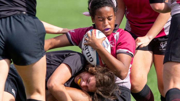The Vassar College Women’s Rugby team scored two tries in the opening minutes and barely took a backward step in this solid 57-17 victory. Photo: Jon Lambert