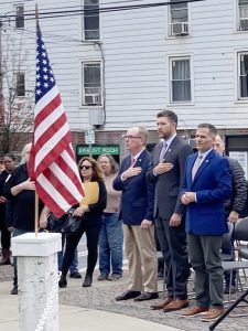 From left; City of Poughkeepsie Mayor, Rob Rolison; United States Congressman, Pat Ryan and Dutchess County Executive, Marc Molinaro, at Friday’s Dutchess County War Memorial Veteran’s Day Ceremony.