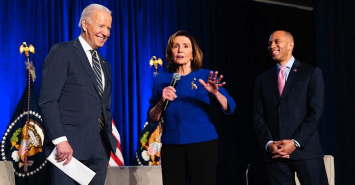 President Joe Biden, joined by Speaker Nancy Pelosi (D-Calif.) and Chairman of the House Democratic Caucus Hakeem Jeffries (D-N.Y.), participate in a Q&A at the House Democratic Caucus Issues Conference, Friday, March 11, 2022, at the Hilton Philadelphia Penn’s Landing in Philadelphia. Photo: Adam Schultz