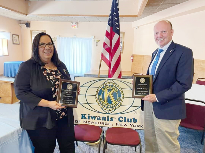 The Kiwanis Club of Newburgh installed Eileen Buckley as Vice President (left) and Scott Manley, Deputy Supervisor for the Town of Newburgh received the Everyday Hero Award.