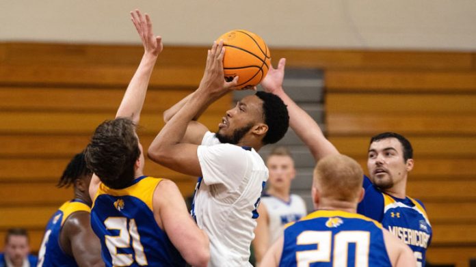 Elijah Barnett led four players in double-figures with 14 points on Saturday afternoon as the Mount Saint Mary College Men’s Basketball team collected its first conference win of the season with a 65-59 road win over Purchase. Photo: Lee Ferris